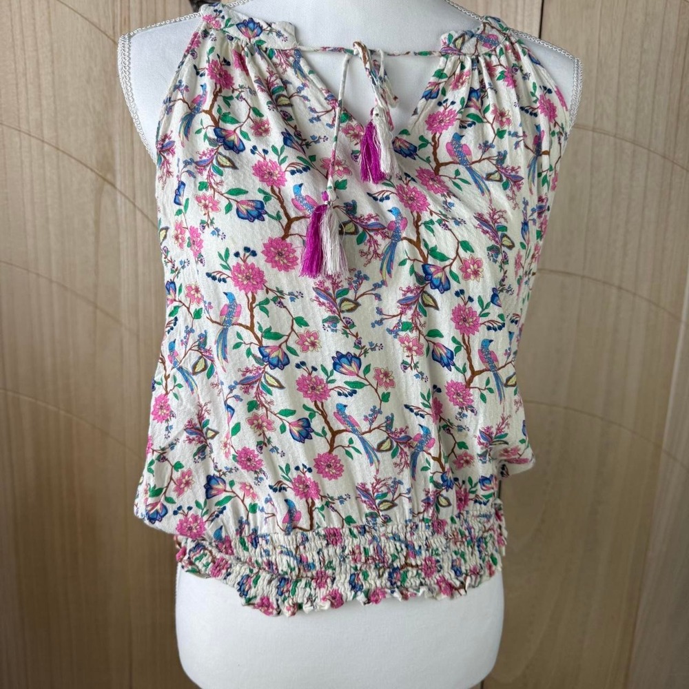 ROSE + OLIVE Floral Bird Print Tassel Tie Tank Top Smocked Hem Large -Woman